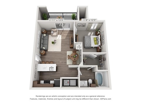 Floor plan for 1 bed, 1 bath, 607 sqft
